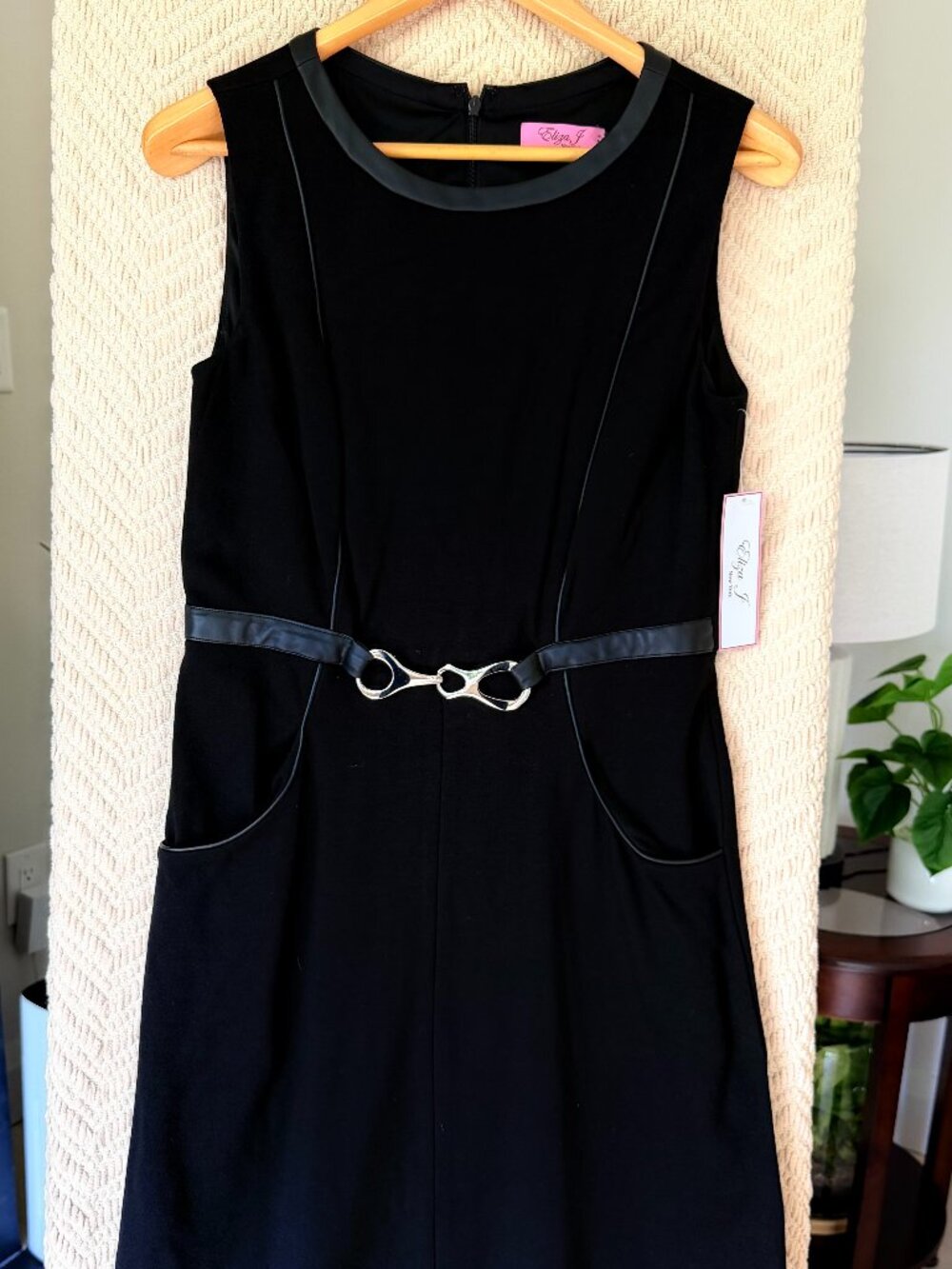 NWT Eliza J Black Faux Leather Trim Belted Dress Size 10